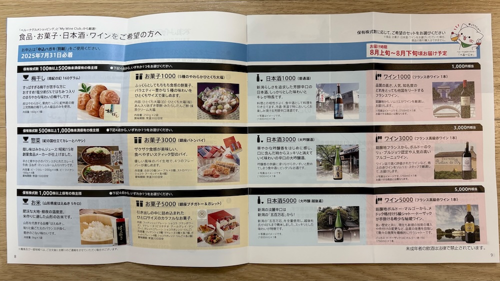 ベルーナ2025年株主優待 優待商品選択案内