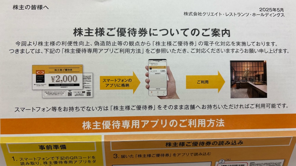 クリエイト・レストランツ・ホールディングス2025年株主優待 株主優待専用アプリご利用方法のご案内